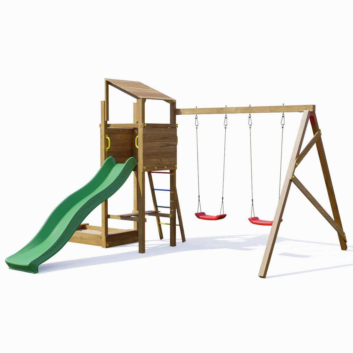 Gioco Per Bambini Da Esterno In Legno gaia Con Torretta Con Scivolo,  Altalena Doppia E Corde, 382x381x252 Cm in vendita online