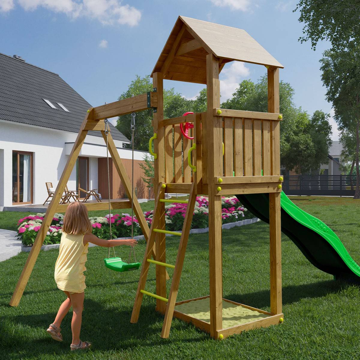 Parco giochi in legno Woody Band TGG Play Con Torretta, Scivolo, Altalena E  Sabbiera