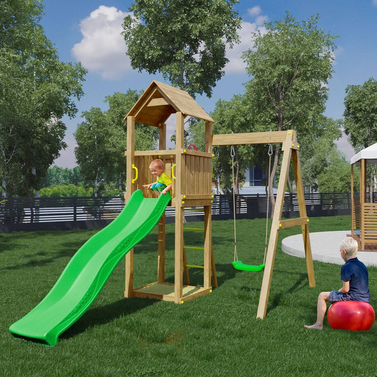 Parco giochi in legno Woody Band TGG Play Con Torretta, Scivolo, Altalena E  Sabbiera