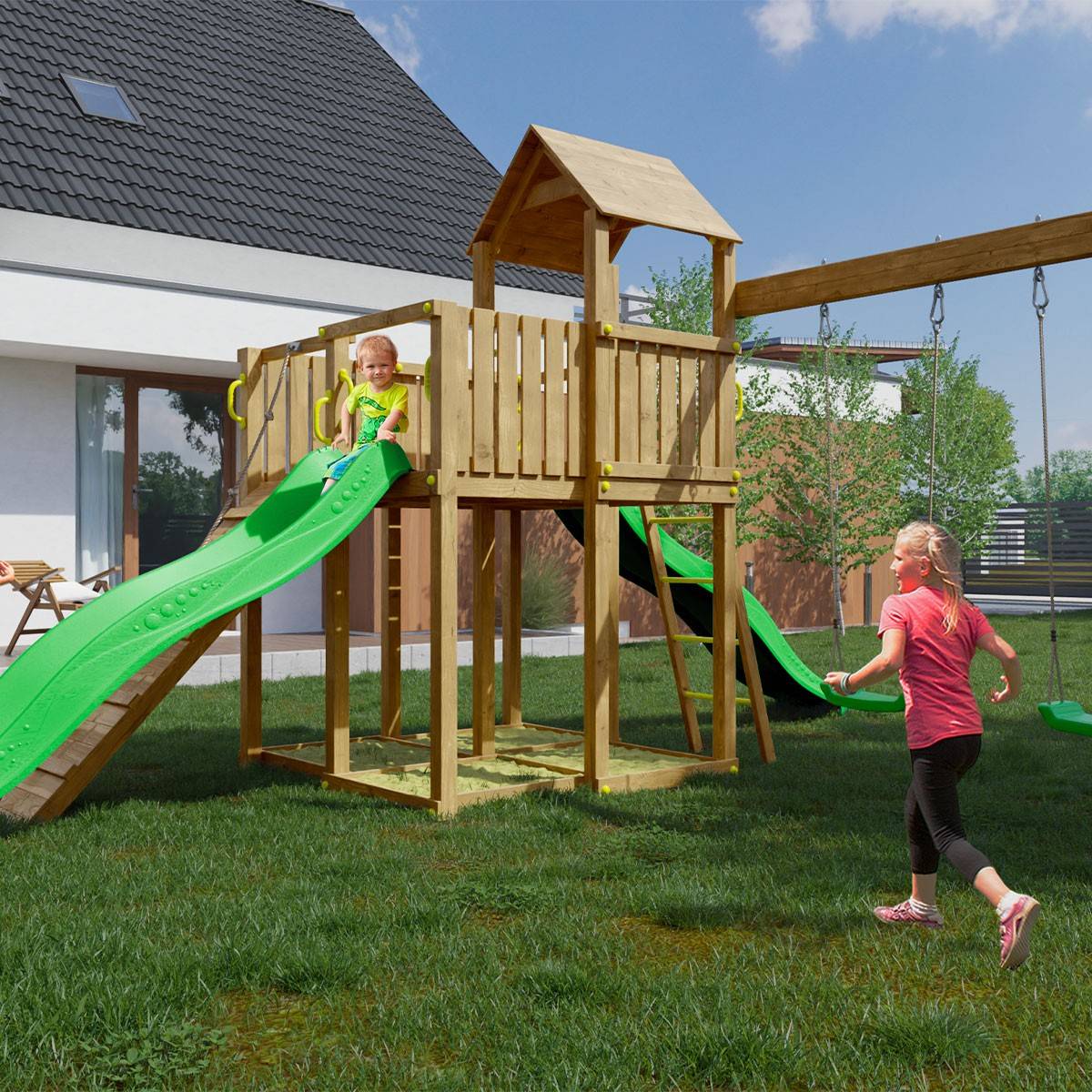 Parco giochi in legno da giardino Woody Tree House TGG Play Con due  Scivoli, due Altalene