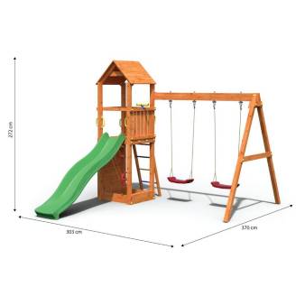 Parco giochi in legno Fungoo Flappi colore teak con Casetta, Scivolo e Doppia Altalena