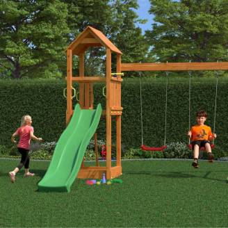 Parco giochi in legno Fungoo Flappi colore teak con Casetta, Scivolo e Doppia Altalena