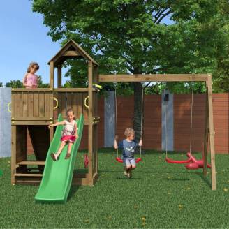 Parco giochi in legno Fungoo Floppi colore Marrone con casetta, scivolo, altalene, tavolo picnic e arrampicata