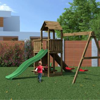 Parco giochi in legno Fungoo Floppi colore Marrone con casetta, scivolo, altalene, tavolo picnic e arrampicata