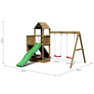 Parco giochi in legno Fungoo Floppi colore Marrone con casetta, scivolo, altalene, tavolo picnic e arrampicata