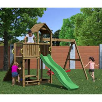 Parco giochi in legno Fungoo Floppi colore Marrone con casetta, scivolo, altalene, tavolo picnic e arrampicata