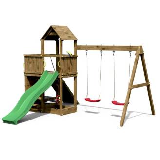 Parco giochi in legno Fungoo Floppi colore Marrone con casetta, scivolo, altalene, tavolo picnic e arrampicata