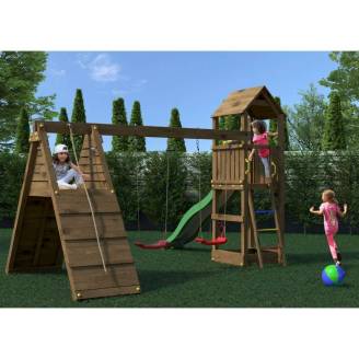 Parco giochi in legno Fungoo Fleppi colore Marrone con Casetta, Scivolo, Altalene, Sabbiera, Arrampicata