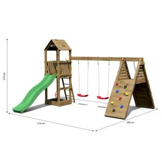 Parco giochi in legno Fungoo Fleppi colore Marrone con Casetta, Scivolo, Altalene, Sabbiera, Arrampicata