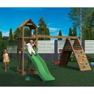 Parco giochi in legno Fungoo Fleppi colore Marrone con Casetta, Scivolo, Altalene, Sabbiera, Arrampicata