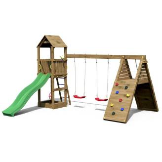 Parco giochi in legno Fungoo Fleppi colore Marrone con Casetta, Scivolo, Altalene, Sabbiera, Arrampicata