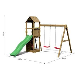 Parco Giochi In Legno Fungoo Flappi Colore Marrone Con Casetta, Scivolo, Doppia Altalena E Arrampicata