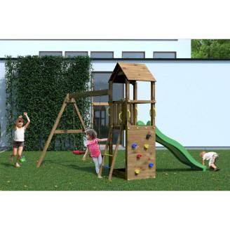 Parco Giochi In Legno Fungoo Flappi Colore Marrone Con Casetta, Scivolo, Doppia Altalena E Arrampicata