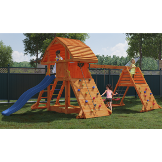 Casetta per bambini Fungoo Giant Spider Double Red colore teak, con Scivolo e Due Altalene