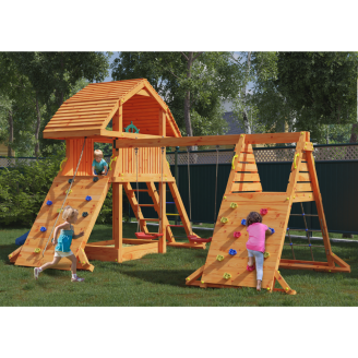 Casetta per bambini Fungoo Giant Spider Double Red colore teak, con Scivolo e Due Altalene