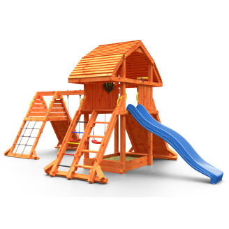 Casetta per bambini Fungoo Giant Spider Double Red colore teak, con Scivolo e Due Altalene