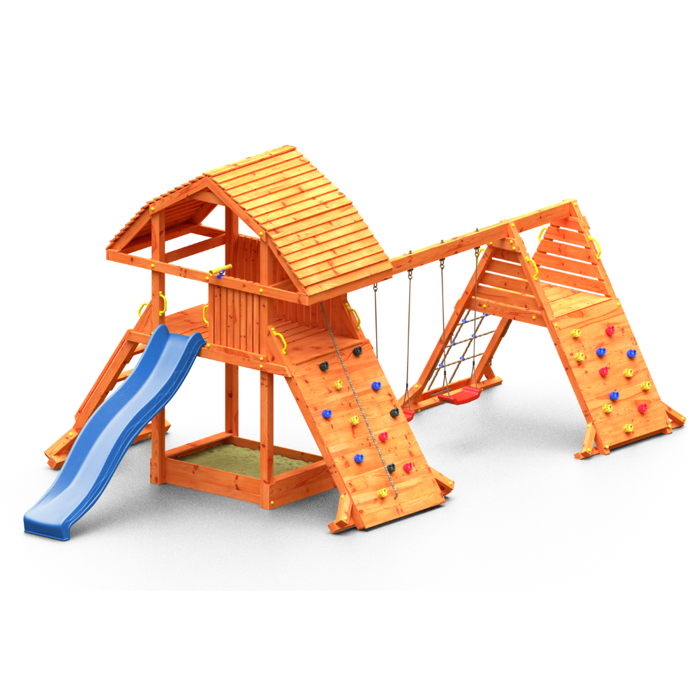 Casetta per bambini Fungoo Giant Spider Double Red colore teak, con Scivolo e Due Altalene