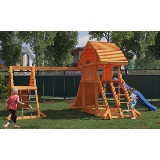 Casetta per bambini Fungoo Giant Spider Double Red colore teak, con Scivolo e Due Altalene