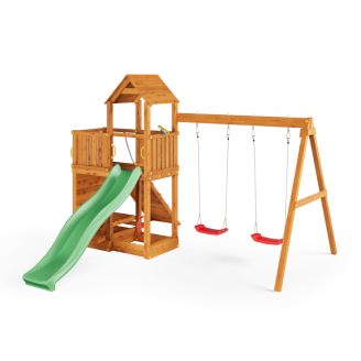 Parco giochi in legno Fungoo Floppi colore Teak con casetta, scivolo, altalene, tavolo picnic e arrampicata