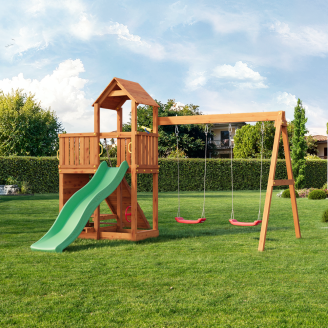 Parco giochi in legno Fungoo Floppi colore Teak con casetta, scivolo, altalene, tavolo picnic e arrampicata