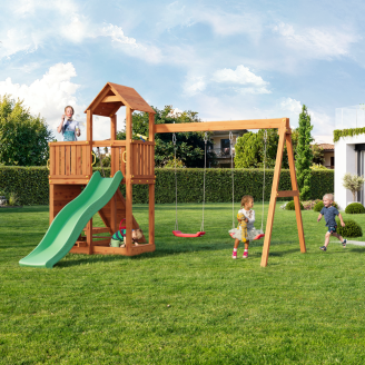 Parco giochi in legno Fungoo Floppi colore Teak con casetta, scivolo, altalene, tavolo picnic e arrampicata