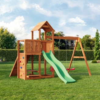 Parco giochi in legno Fungoo Floppi colore Teak con casetta, scivolo, altalene, tavolo picnic e arrampicata