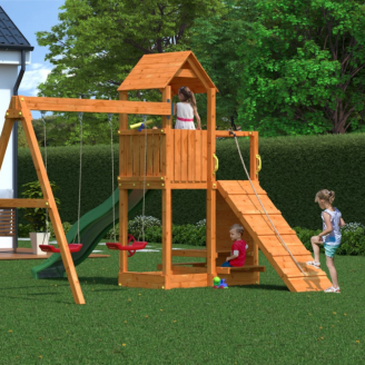 Parco giochi in legno Fungoo Floppi colore Teak con casetta, scivolo, altalene, tavolo picnic e arrampicata