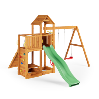 Parco giochi in legno Fungoo Floppi colore Teak con casetta, scivolo, altalene, tavolo picnic e arrampicata