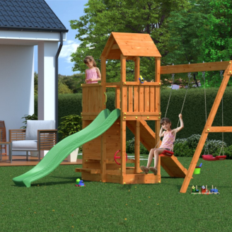 Parco giochi in legno Fungoo Floppi colore Teak con casetta, scivolo, altalene, tavolo picnic e arrampicata