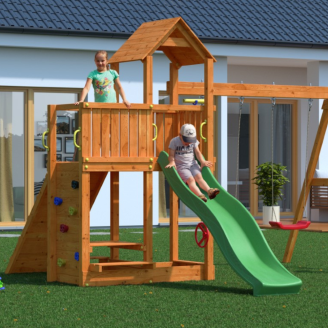 Parco giochi in legno Fungoo Floppi colore Teak con casetta, scivolo, altalene, tavolo picnic e arrampicata