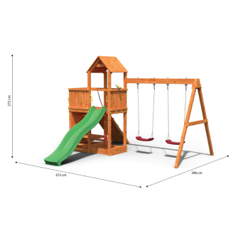 Parco giochi in legno Fungoo Floppi colore Teak con casetta, scivolo, altalene, tavolo picnic e arrampicata