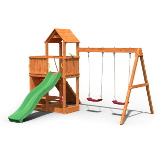 Parco giochi in legno Fungoo Floppi colore Teak con casetta, scivolo, altalene, tavolo picnic e arrampicata