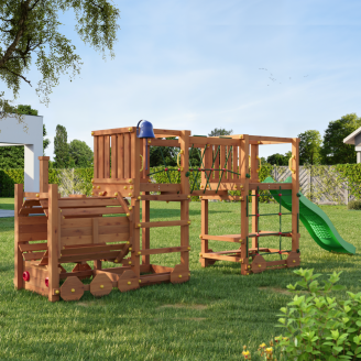 Parco Giochi in Legno Fungoo Loco Express Teak con Scivolo, Ponte e Trenino per Bambini