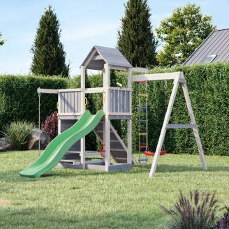 Casetta in legno per bambini con scivolo e altalena – Parco giochi Fungoo ACTIVER KDI Grigio e Bianco